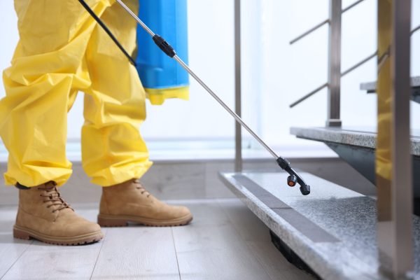 Pest control worker in protective suit spraying insecticide on stairs indoors, closeup